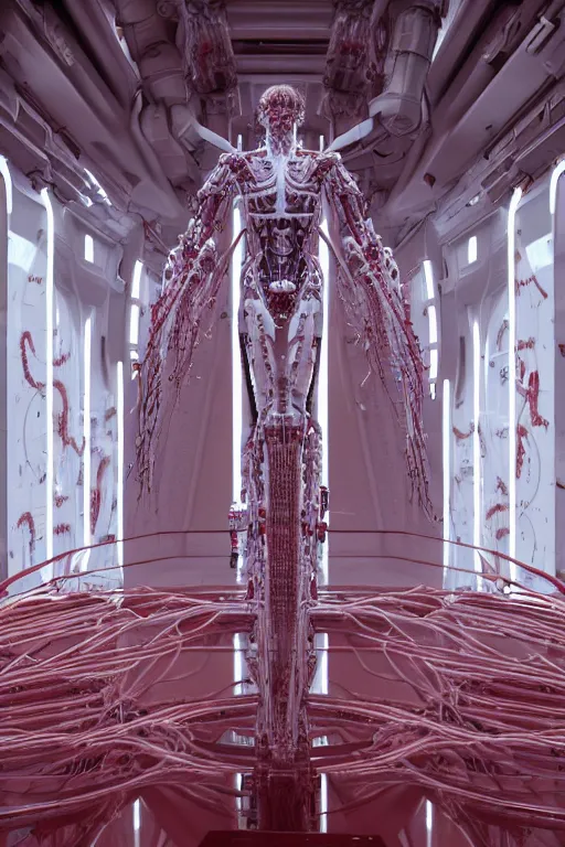 Image similar to high detailed white space station interior a statue jesus on cross made of red marble, perfect symmetrical body, full body shot, inflateble shapes, wires, tubes, veins, jellyfish, white biomechanical details, wearing epic bionic cyborg implants, masterpiece, intricate, biopunk, vogue, highly detailed, artstation, concept art, cyberpunk, octane render