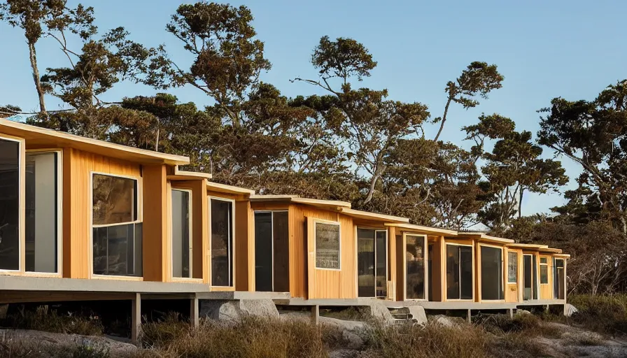 Image similar to An architectural rending of an eco-community of contemporary 3D printed sea ranch style cabins with rounded corners and angles, beveled edges, made of cement and concrete, organic architecture, on the California coastline with side walks, parks and public space , Designed by Gucci and Wes Anderson, golden hour