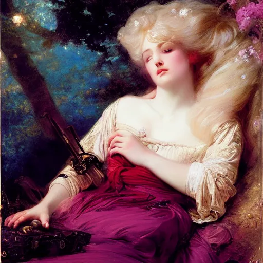 Prompt: blonde beautiful sleeping princess by Franz Xaver Winterhalter and Delphin Enjolras and Rebecca Guay