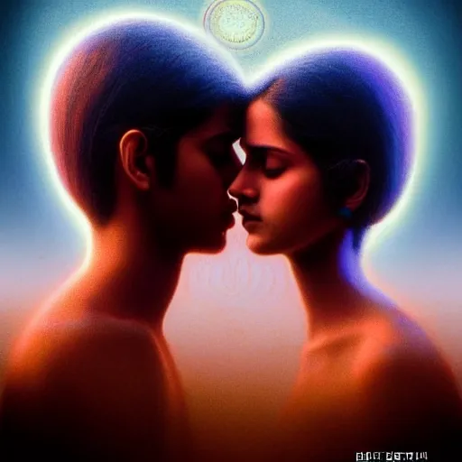 Prompt: perfectly - centered movie promotional poster portrait - photograph of a young indian guy and a beautiful girl side profile faces symmetrical ; real life portrait by beksinski and jean delville, romantic theme of two lovers sharing one heart, unreal engine 5, photorealism, hd quality, 8 k resolution, cinema 4 d, hdr dramatic cinematic lighting