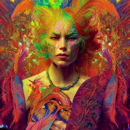 Image similar to A reality bending psychedelic ayahuasca experience, colorful, distorted, surreal, tropical bird feathers, dramatic lighting on the face, intricate, elegant, highly detailed, digital painting, concept art, smooth, sharp focus, illustration, art by Krenz Cushart and Wayne Barlowe and alphonse mucha