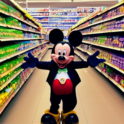 Prompt: mickey mouse in a grocery store