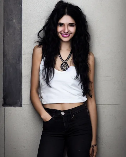 Prompt: a half body photo of a beautiful Young female with long disheveled black hair, beautiful and smiling, sweet looks, white skin and reflective eyes, black tank top, black leather shiny jeans, an ankh necklace white colors in the background, 500px photos, top cinematic lighting , cinematic mood, very detailed, shot in canon 50mm f/1.2