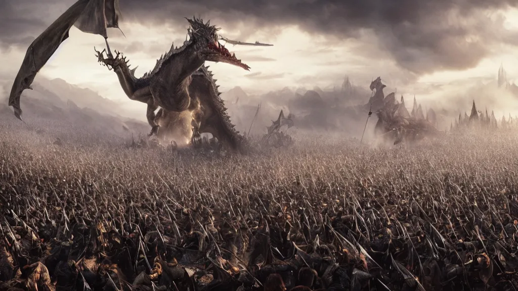 Prompt: realistic battle inspired form the film lord of the rings, crowd, chaos, smoke, landscape, night , castle, big dragon, horse, octane render, high detail, photorealistic, High details,4k