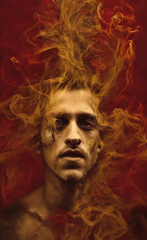 Prompt: 'Portrait of King Arthur' by Lee Jeffries royally decorated, whirling smoke, embers, red and gold encrustations , gilt silk torn fabric, radiant colors, fantasy, perfect lighting, studio lit, micro details,