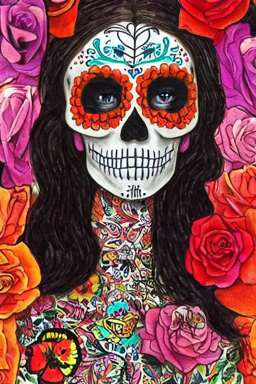 Prompt: illustration of a sugar skull day of the dead girl, art by annie liebovitz