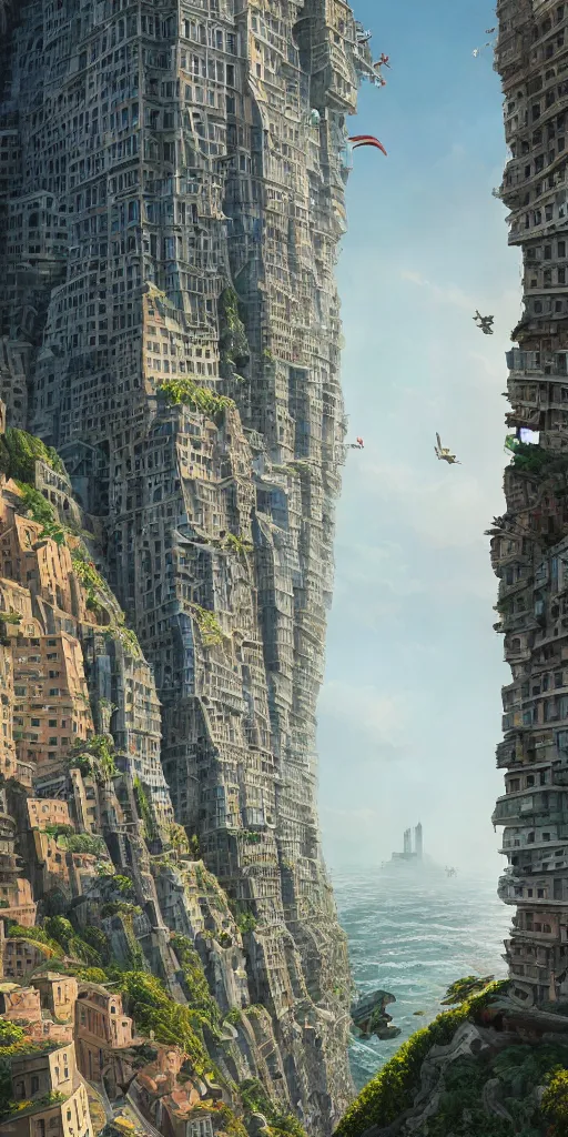 Prompt: a painting of a skyscraper city built into the side of a cliff, a detailed matte painting by wes anderson, morphosis, daniel libeskind, nature meets architecture, cgsociety, fantastic realism, matte painting, terragen, artstation hq