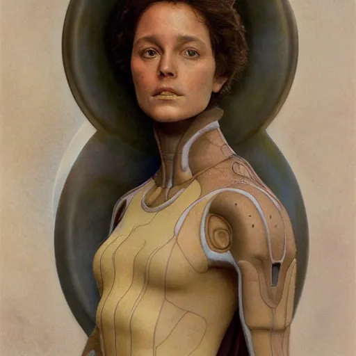 Image similar to masterpiece full body portrait Ripley on Dune, by Edgar Maxence and Ross Tran and Michael Whelan and Gustav Klimpt