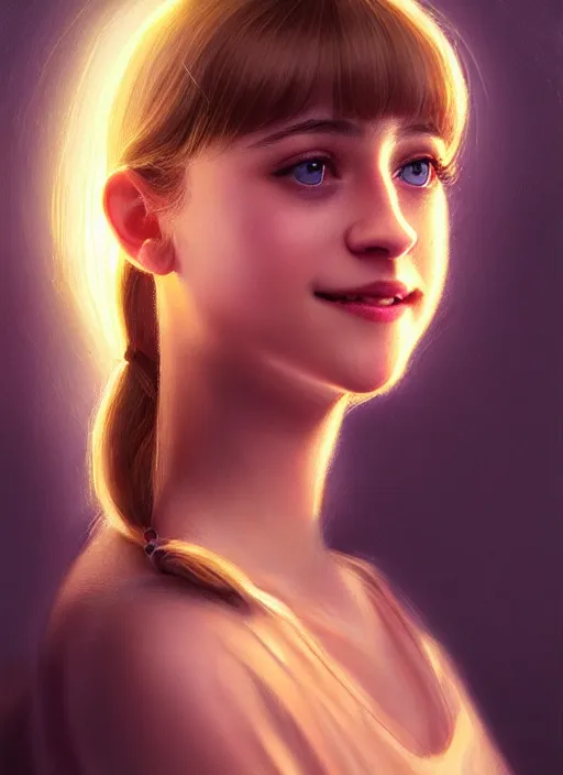 Image similar to portrait of teenage lili reinhart with bangs, smiling kindly, bangs, 1 9 6 0 s, ponytail, bangs and ponytail, intricate, elegant, glowing lights, highly detailed, digital painting, artstation, concept art, smooth, sharp focus, illustration, art by wlop, mars ravelo and greg rutkowski