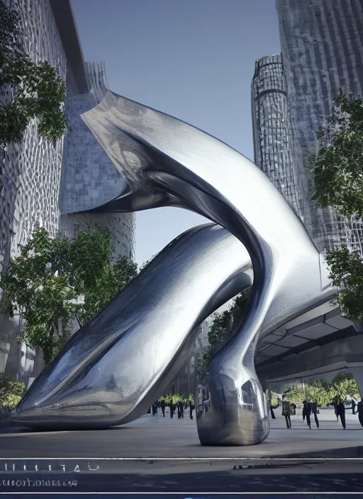 Prompt: highly detailed realistic architecture 3 d render of a huge high futuristic metallic stele sculpture in zaha hadid style standing in city park, archdaily, made in unreal engine 4