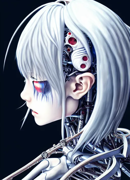 Image similar to Rei Ayanami by Yoshitaka Amano, by HR Giger, biomechanical, profile portrait, 4k, wide ayes, hyper detailed, hyperrealism, anime, a Blood Moon rising on a Broken World 4k very detailed deviantart artstation