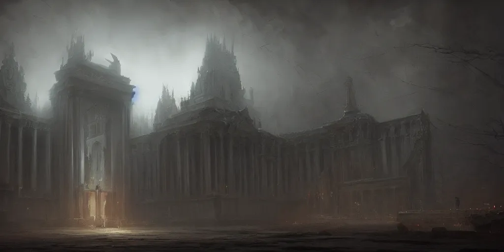Prompt: Hyper realistic painting depicting temple of an eldrich god, horror, fog, dark fantasy, volumetric lighting, by greg rutkowski, trending on artstation