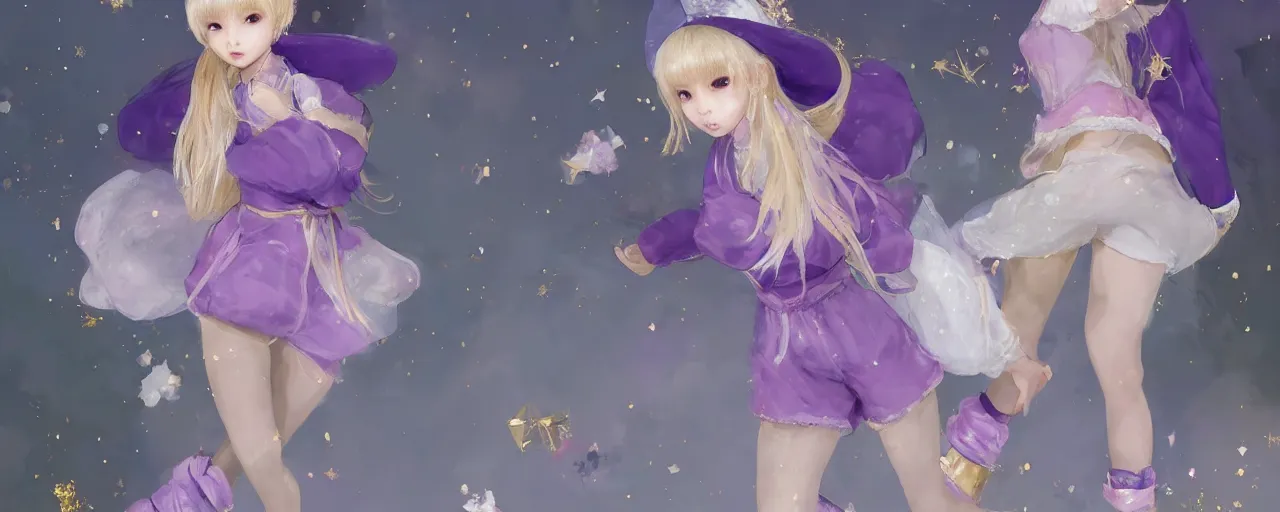 Image similar to Full View of a mysterious kpop fairy maidens with short blond hair wearing an oversized purple Beret, Baggy Purple overall shorts, Short Puffy pants made of silk, silk shoes, a big billowy scarf, Golden Ribbons, white leggings Covered in stars. Short Hair. peasant magic. masterpiece 4k digital illustration by Ruan Jia and Mandy Jurgens and Artgerm and william-adolphe bouguereau, award winning, Artstation, art nouveau aesthetic, Alphonse Mucha background, intricate details, realistic, panoramic view, Hyperdetailed, 8k resolution, intricate art nouveau, smooth, sharp focus