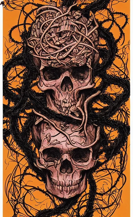 Prompt: tarot card of human skull wrapped in vines + black paper + elements + red + gold + neon + baroque + rococo + white + orange + ink + tarot card with ornate border frame + marc simonetti, paul pope, peter mohrbacher, detailed, intricate ink illustration