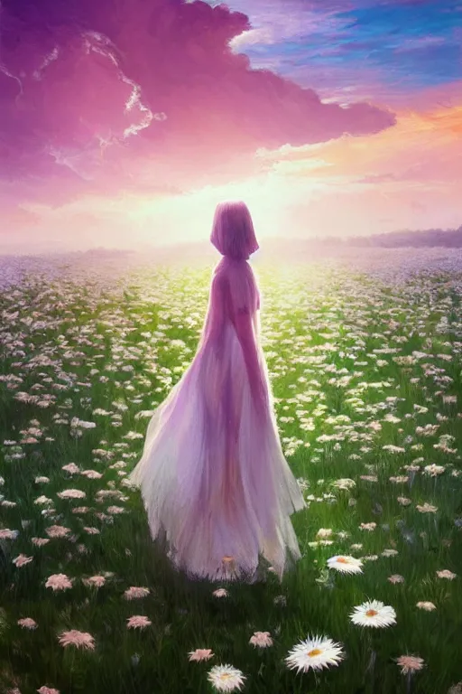 Image similar to giant white daisy flower veil head, girl walking in a flower field, surreal photography, sunrise, dramatic light, impressionist painting, colorful clouds, digital painting, artstation, simon stalenhag