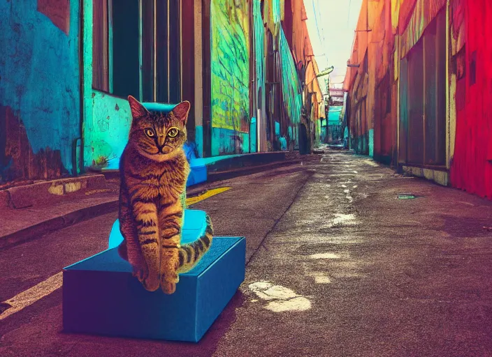 Image similar to photography of a Cat sitting on a box. in a cyberpunk street, award winning photo, saturated, colored, colors, 100mm, sharp, high res