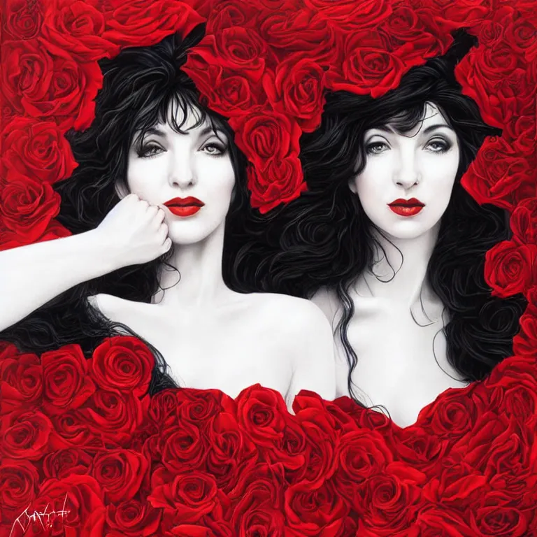 Prompt: portrait of kate bush, lush black hair, pale skin, red rose petals, flowing material, ruffled velvet background, intricate, beautiful cinematic lighting, stuning painting by artgerm and android jones