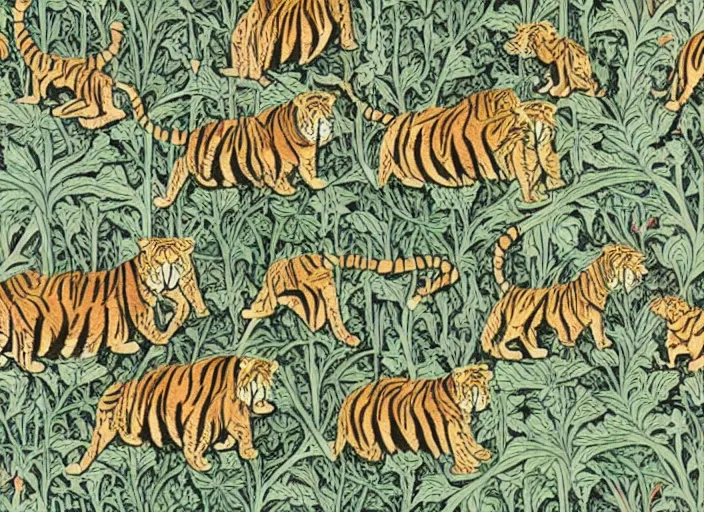 Prompt: a tiger in the centella asiatica in android jones and william morris style