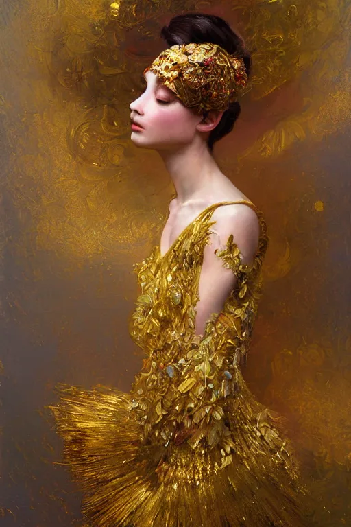 Image similar to an intricate painting of a beautiful young ballerina covered in silk clothes with klimt golden motives and textures, hyper detailed, ornamental gold headpiece, octane render, vivid colors, artstation, by jeremy mann, by alphonse mucha, by boris vallejo