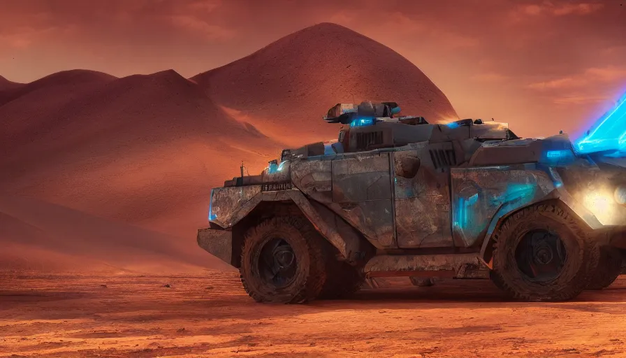 Prompt: an image of an armored vehicle in the desert with blue headlights on by Paul Chadeisson, atmospherical, concept art, high detail, intimidating , cinematic, sun flare, Artstation trending, octane render