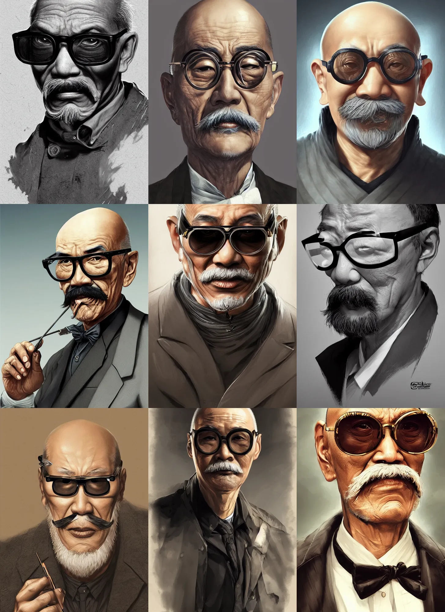 Prompt: asian old scientist, bald, big moustache, black sunglasses, intricate, elegant, digital painting, highly detailed, artstation, sharp focus, illustration, artgerm, aleksi briclot, rutkowski