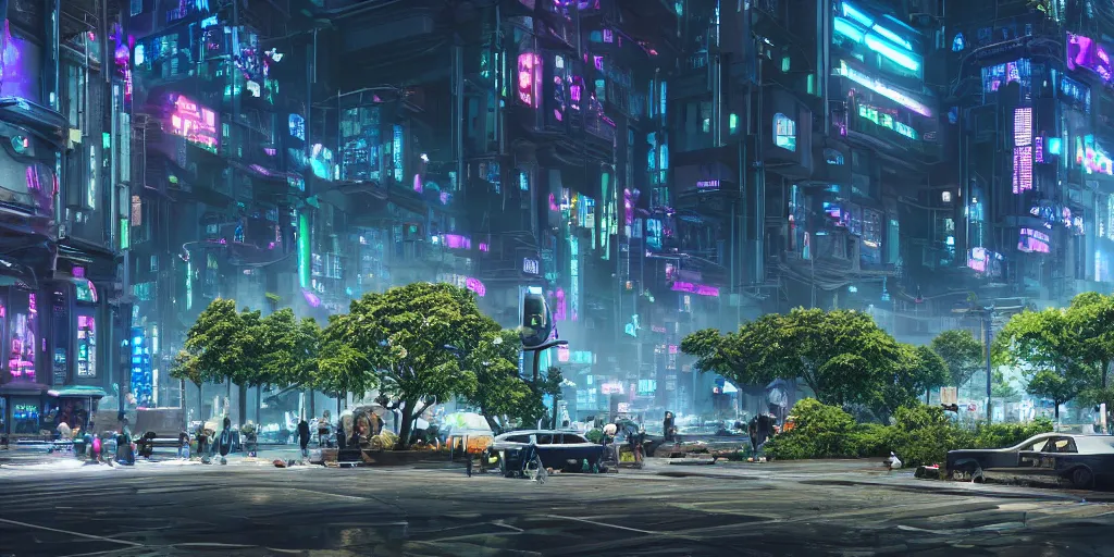 Prompt: professional photo from the streets of a futuristic utopian cyberpunk thriving city full of botanical gardens, floral, advanced economy, tree varieties, 4k, highly detailed, Unreal Engine, ray trace, octane render