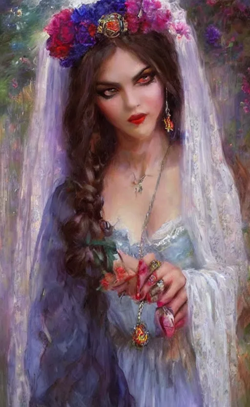 Image similar to Gypsy gothic princess. by Konstantin Razumov, horror scene, highly detailded