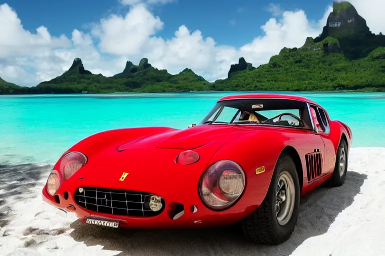 Image similar to cinematography of Ferrari 250 GTO series 2 in bora bora by Emmanuel Lubezki