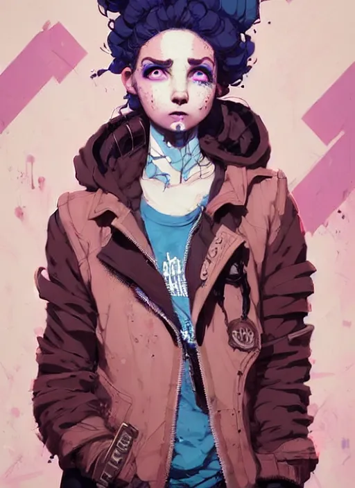 Prompt: highly detailed portrait of a sewer punk lady student, blue eyes, tartan hoody, curly hair by atey ghailan, by greg rutkowski, by greg tocchini, by james gilleard, by joe fenton, by kaethe butcher, gradient pink, brown, light blue and white color scheme, grunge aesthetic!!! ( ( graffiti tag wall background ) )