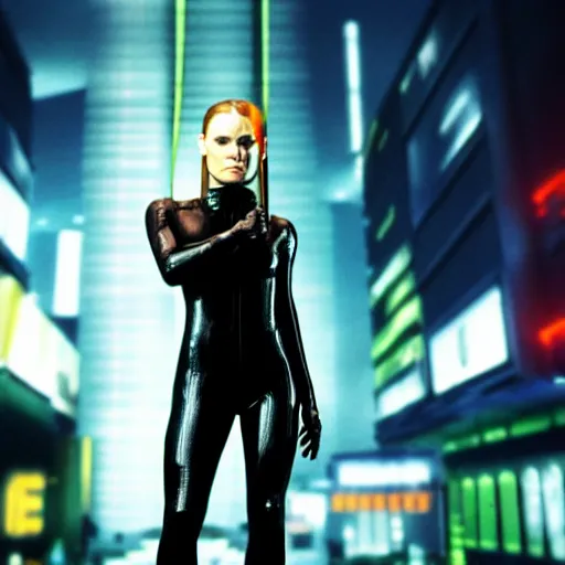 Image similar to anna paquin starring in a cyberpunk movie in a distopic futuristic city in the style of bladerunner, wearing a black catsuit, holding a gun, movie still, highly detailed, rainy night, volumetric lights, studio lighting, dramatic, scifi, sharp focus, ground mist