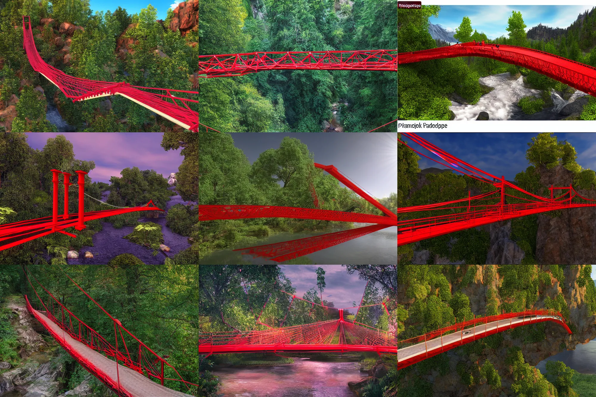 Prompt: Naturepunk red suspension bridge, photorealism 8k , shining and happy atmosphere, uplight, high details