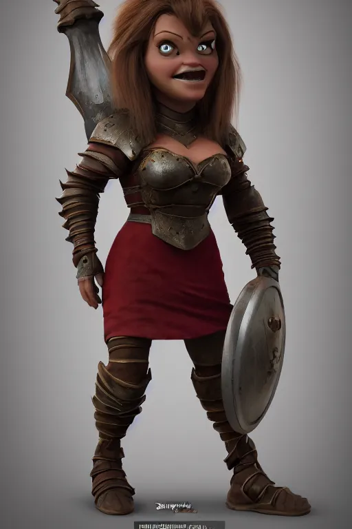 Prompt: fantasy dwarf woman with iron plate armor with a mean face l | stylized | short and stocky broad body| art style of disney pixar movie | HD 8k | rendered by octane