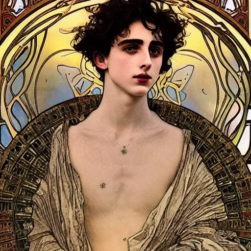 Image similar to timothee chalamet portrait by louis - theophile hingre and alphonse mucha, realistic, sharp focus, zodiac signs, tarot cards, planets, ethereal, art nouveau, magic, moon, sun, crown, dreamy, royal, jewellery