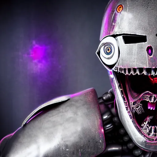 Prompt: portrait of a menacing evil villain robot, glowing dark red eyes, metal teeth, purple tubes, striking