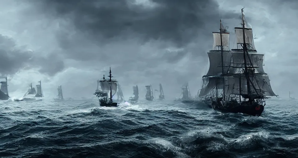 giant sailing battleship with ten sails, raging sea | Stable Diffusion ...