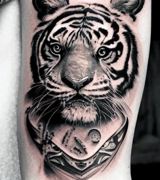 Image similar to tattoo design of a beautiful girl warrior under a tiger head, hyper realistic, realism tattoo, by eliot kohek, beautiful eyes, realistic face, black and white, white background