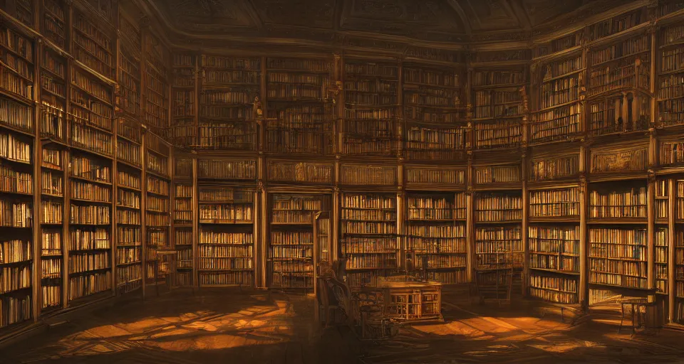 Prompt: magical library interior full of towering bookshelves, balconies and stariways by eugene von guerard, ivan shishkin, dramatic lighting, concept art, trending on artstation