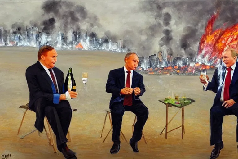 Image similar to viktor orban winking and drinking champagne with putin in front a burning city, hyper realistic painting