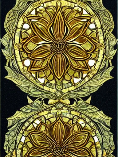 Image similar to golden lotus flowers on dark background, ornamental, symmetry, color harmony, golden ratio, william morris, hokusai, trending on artstation, character design, detailed, intricate, hypermaximalist, elegant, ornate, luxury, elite, atmospheric, matte painting, wide shot, two heads