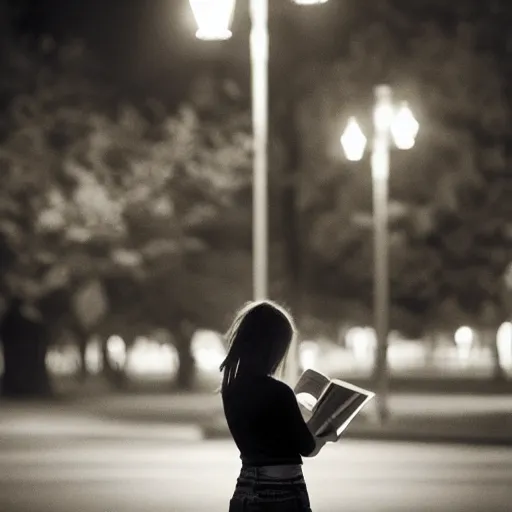 Image similar to a girl reading book, hair flowing down, city park, street lights, contrast, dramatic, by Noel Coypel