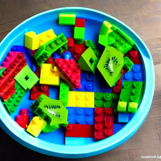 Image similar to A bowl of fruit made of lego blocks.