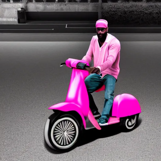 Image similar to paparazzi photo of Lebron James on a pink scooter in a skatepark, ultra high definition, professional photography, dynamic shot, smiling, high angle view, portrait, Cinematic focus, Polaroid photo, vintage, neutral colors, soft lights, foggy, by Steve Hanks, by Serov Valentin, by lisa yuskavage, by Andrei Tarkovsky 8k render, detailed, oil on canvas