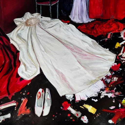 Prompt: a messy painting of a bedroom floor with a wedding dress discarded in a heap and a suit on the floor. Red, black and white Color scheme.