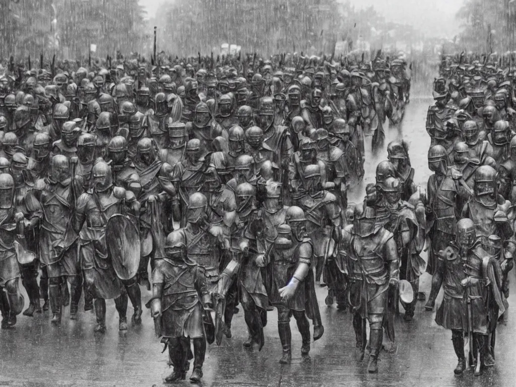 Prompt: column of roman soldiers in rain marching in Washington city