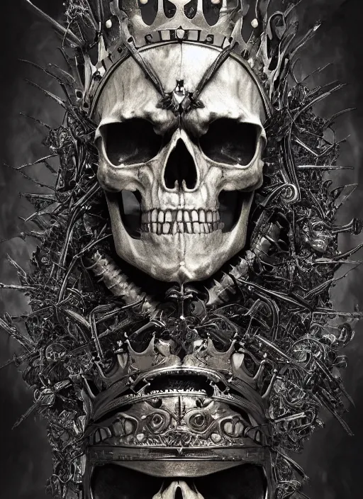 Image similar to portrait of king arthur skull faced knight cyborg with a crown with engravings, studio portrait against a black background, modern fine art, fractal, intricate, elegant, highly detailed, digital photography, subsurface scattering, in the style of ghost, by jheronimus bosch and yue minjun and giger and greg rutkowski,