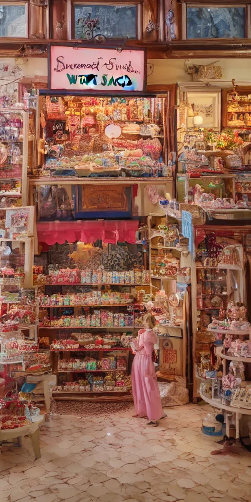 Prompt: Inside a beautiful magical old fashioned sweet shop, vendor interior, wide angle, cinematic shot, highly detailed, cinematic lighting , photo-realistic