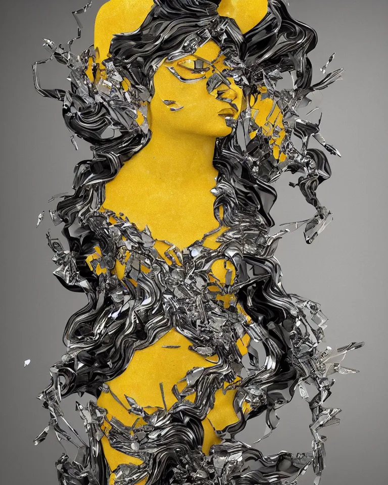 Image similar to symmetrical painting of a fractured obsidian statue of an east - asian goddess with helianthus and tropaeolum fixed with silver and kintsugi, rendered in octane trending on cgsociety. extremely detailed and intricate art