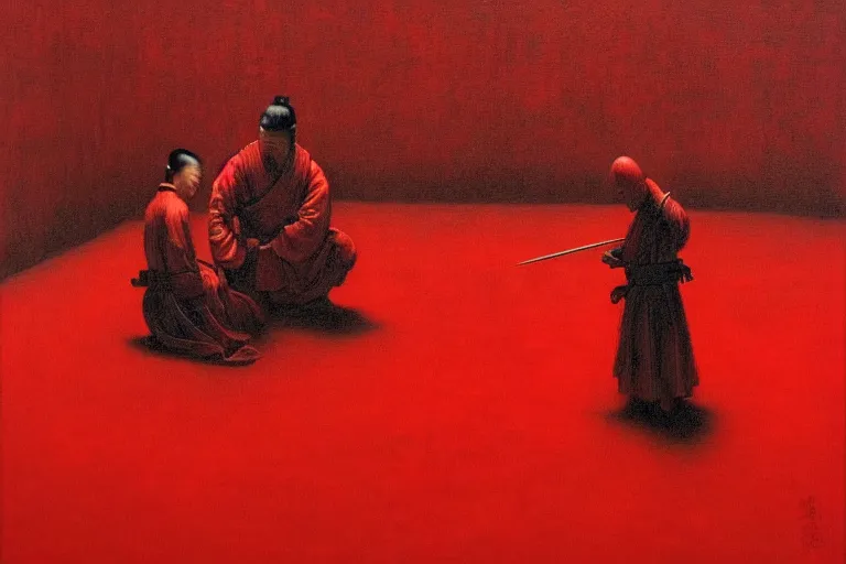 Image similar to only with red, a red samurai do seppuku, tokio, a lot of frogs watch, in the style of beksinski, parts by edward hopper, parts by rodcenko, parts by yue minjun, intricate and epic composition, red by caravaggio, insanely quality, highly detailed, masterpiece, red light, artstation, 4 k