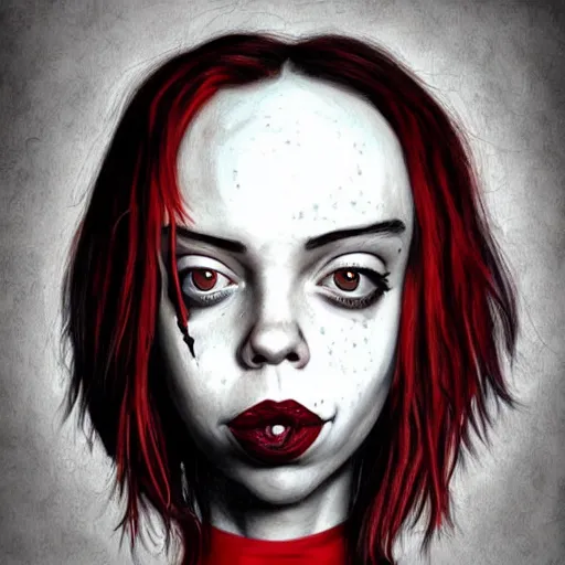 Prompt: surrealism grunge cartoon portrait sketch of billie eilish with a wide smile and a red balloon by - michael karcz, loony toons style, pennywise theme, horror theme, detailed, elegant, intricate