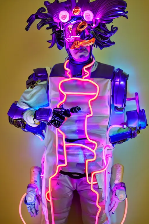 Image similar to full-body neon porcelain baroque bladerunner greek style sculpture of a young royal Ozuna as a high-fashion half-robot wearing retro shades with a porcelain body with an opening exposing a battery leaking green glowing radioactive liquid, electric sparks, glowing violet laser beam eyes, crown of giant rubies, flowing pink and orange neon-colored silk, luminescent fabrics, mechanical raptors. baroque and steampunk elements. full-length view. baroque element. intricate artwork by caravaggio. Very very very very highly detailed epic photo of face. Trending on artstation, octane render, cinematic lighting from the right, hyper realism, octane render, 8k, depth of field, 3D